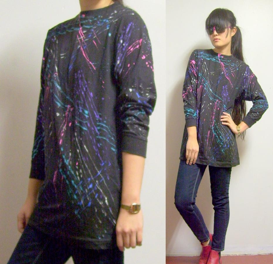 vtg 80s NEON PAINT SPLASH long jersey ELECTRO XS S indie  