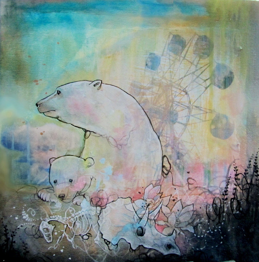 limited edition fine art polar bear print ,mounted on wood with resin. Reproduction of bear ferris wheel painting