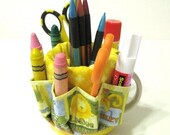 Desktop Mug Organizer, Pencil Holder, Yellow Print Fabric, Handmade