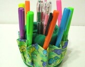 Desktop Mug Organizer, Pencil Holder, Green Washable Fabric, Handmade