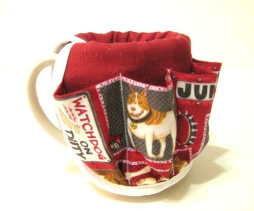 Desktop Mug Organizer, Pencil Holder, Dog Lover's Red Print Fabric, Handmade