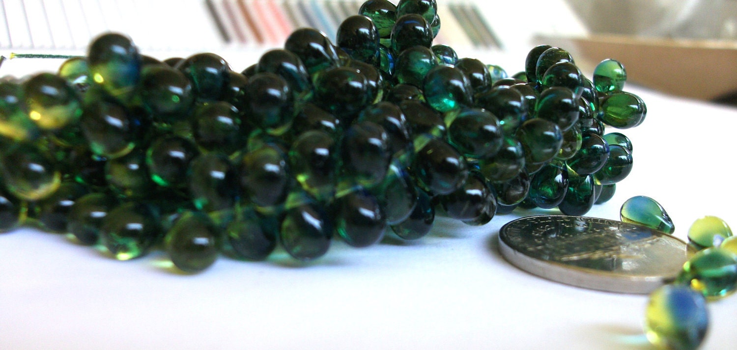 4x5mm Capri Blue Olive Green Czech Glass Tear Drop Fringe Beads, 20 Beads