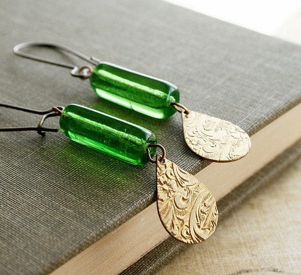 Dangle Earrings--Bottle Green Vintage Glass Tubes and Brass Paisleys, Maharaj