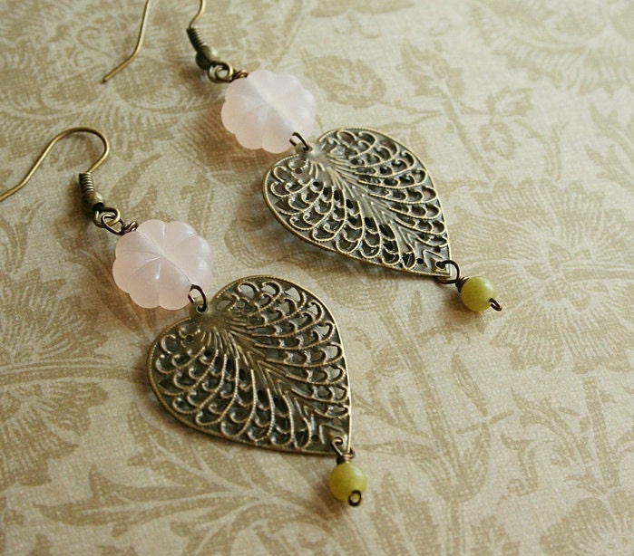 Brass Leaves Earrings with Vintage Pink Lucite Flower, Spring Jewelry