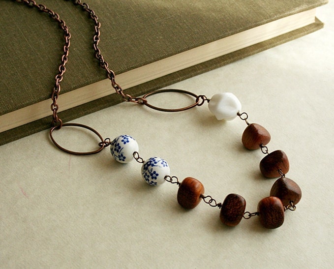 Ceramic and Wood Beads Long Boho Necklace, Blue and White Flowers and Copper