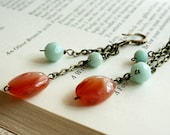 Carnelian and Amazonite Brass Dangles, Orange and Blue, Seafoam