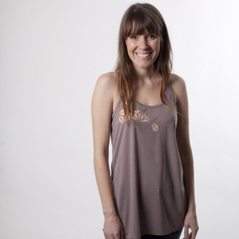 Brown Flowy Womens Racerback Tank, Embellished Tank Top, Brown, Geometric Design