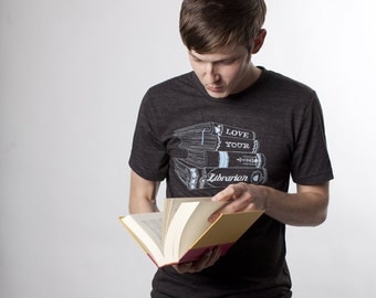 Love Your Librarian Mens Tshirt, Screenprinted Tshirt, Triblend Charcoal Tshirt, Geek Chic