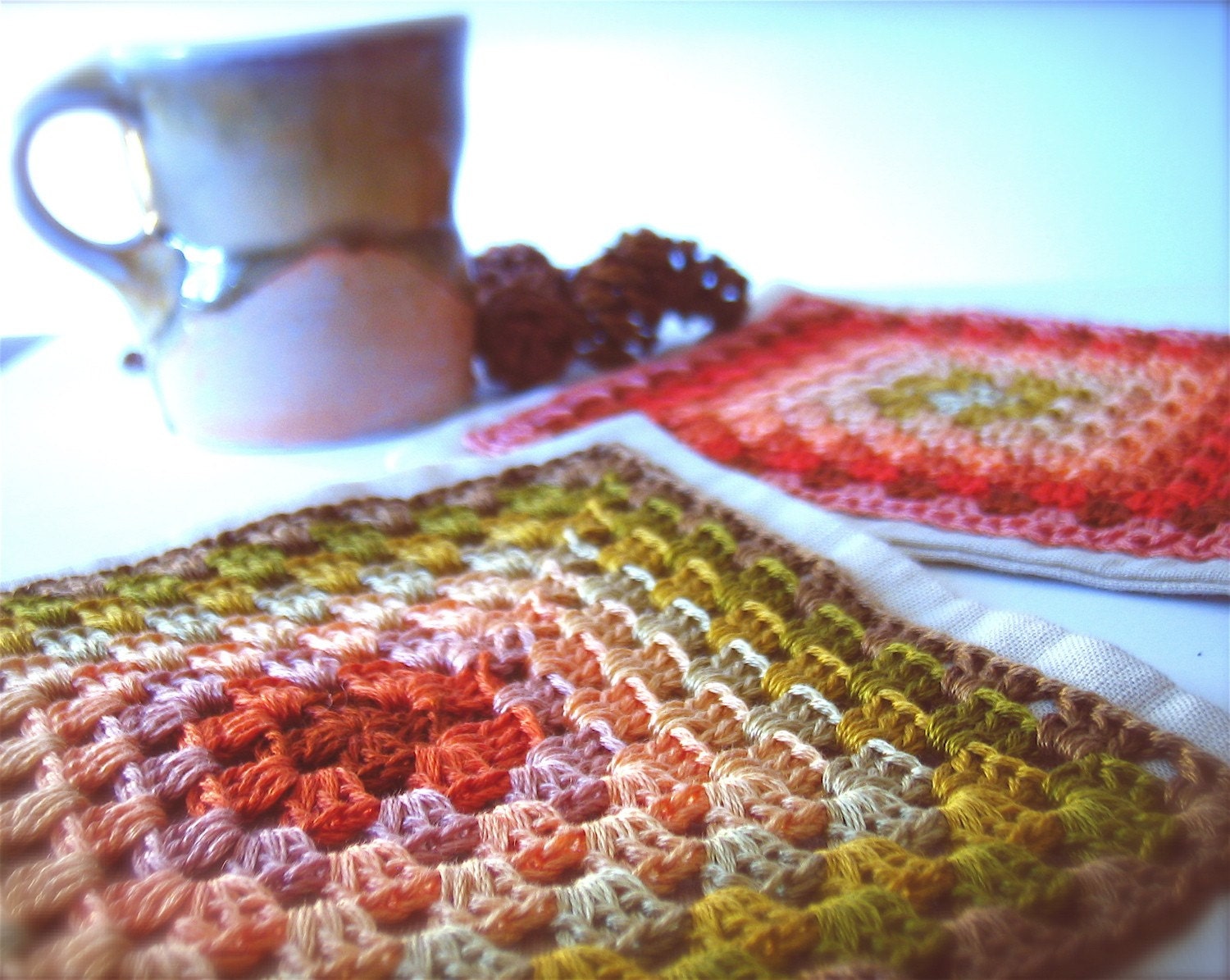 CUSTOM tea time set handmade crochet and linen by Even Howard.  ooak unique small gift or stocking stuffer. vegan, upcycled, thanksgiving table for two, gift for tea lover or coffee lover