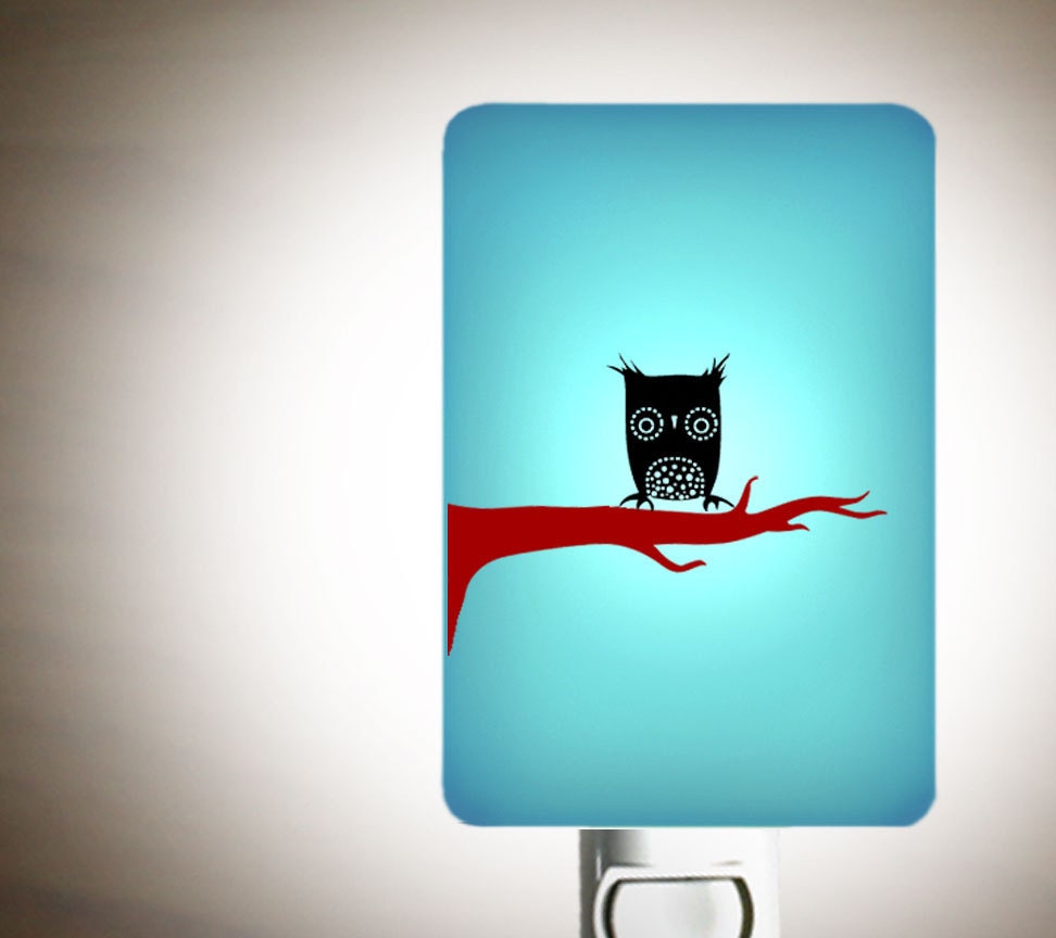 Cute Owl Nightlight on Aqua Blue Fused Glass Night Light - Gift for Baby Shower or Nature Lover - Night Owl