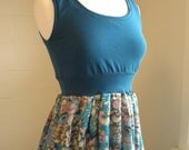 LAST ONE Womens Dress Teal Blue Floral Print Sleeveless Tank Dress - Made to Order
