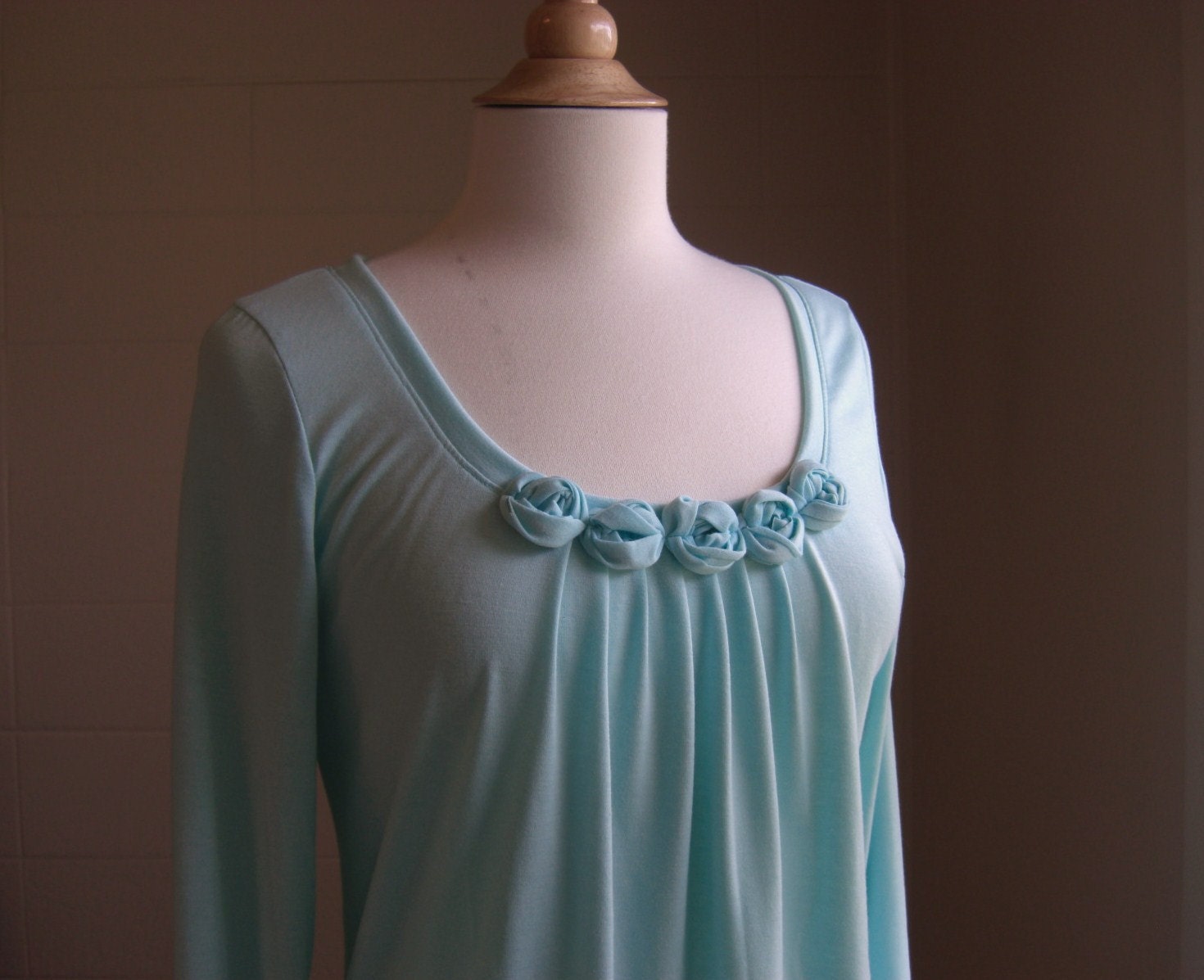 SALE - MEDIUM Womens Aqua Rosette Long Sleeve Shirt Scoop Neck Bubble Top - Ready to Ship Size MEDIUM