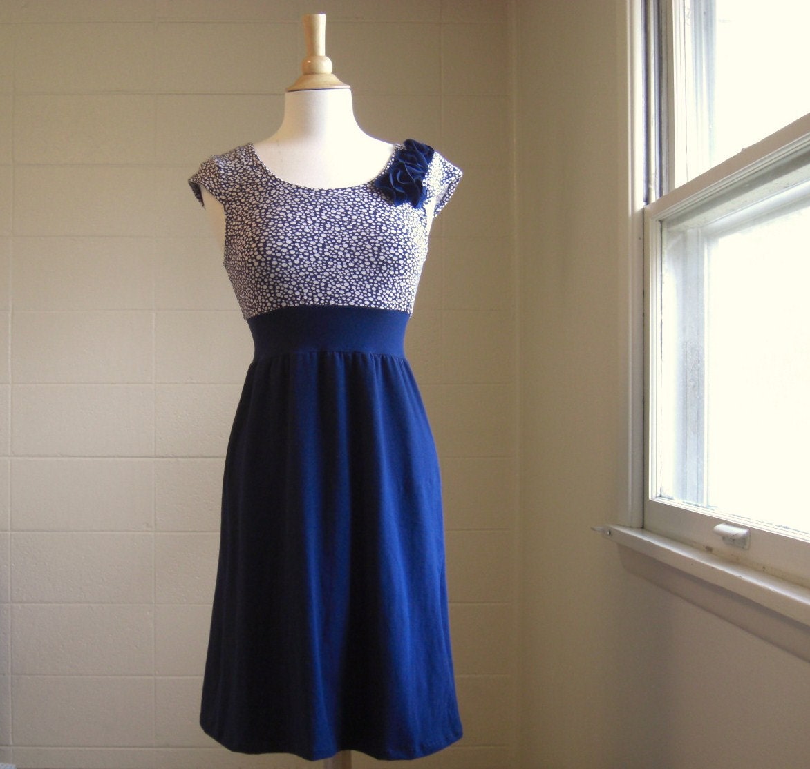 SMALL Womens Navy Cotton Dress Empire Waist Polka Dot Print - Ready to Ship