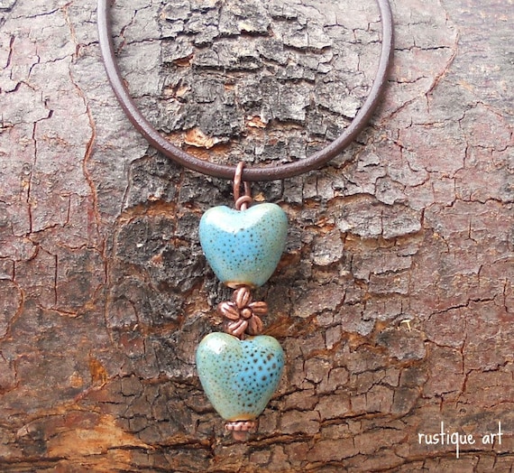 Trinity Necklace-Blue Speckled Ceramic Hearts