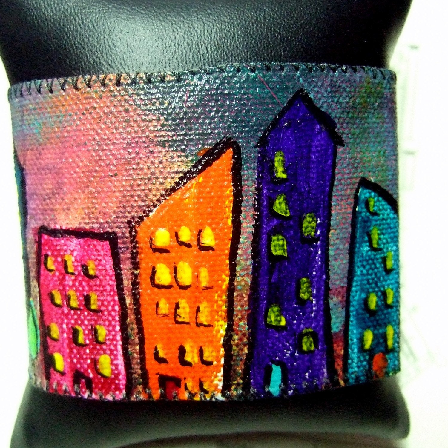 Painted and Stitched Canvas Cuff Bracelet - Cityscape