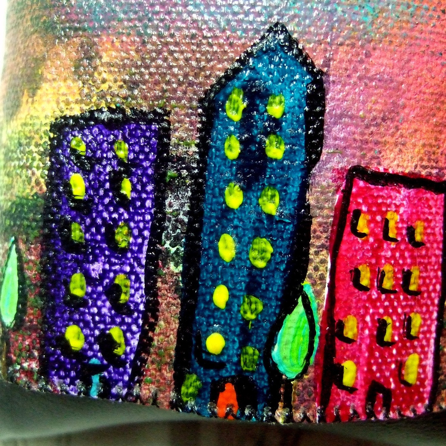 Painted and Stitched Canvas Cuff Bracelet - Cityscape