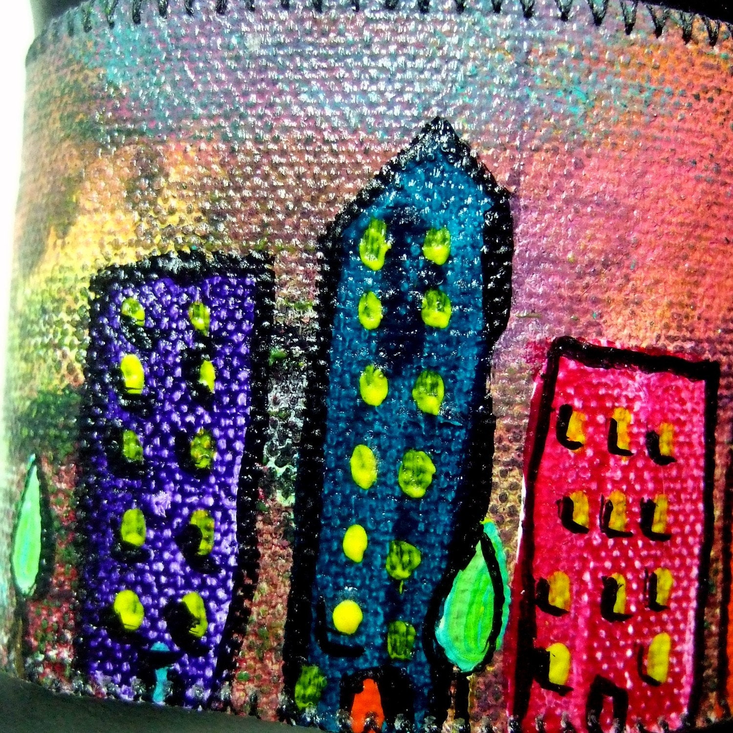 Painted and Stitched Canvas Cuff Bracelet - Cityscape