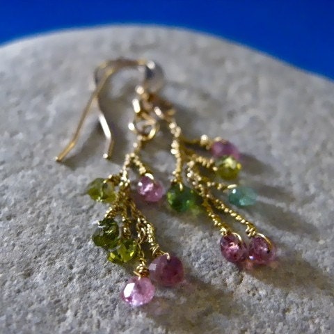 Beautiful 14kt Gold Tourmaline Watermelon Wire Wrapped Earrings