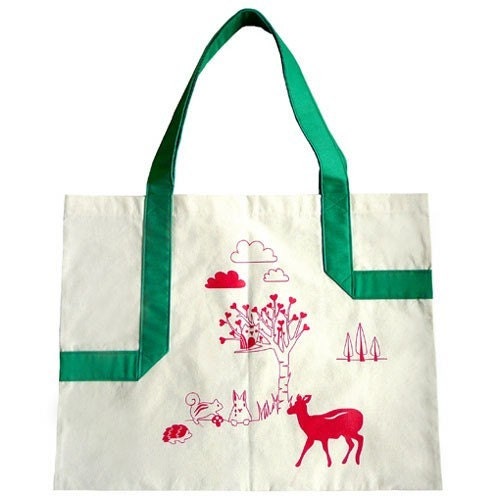 Shopping Grocery Bag - littleoddforest - (Green and Red)