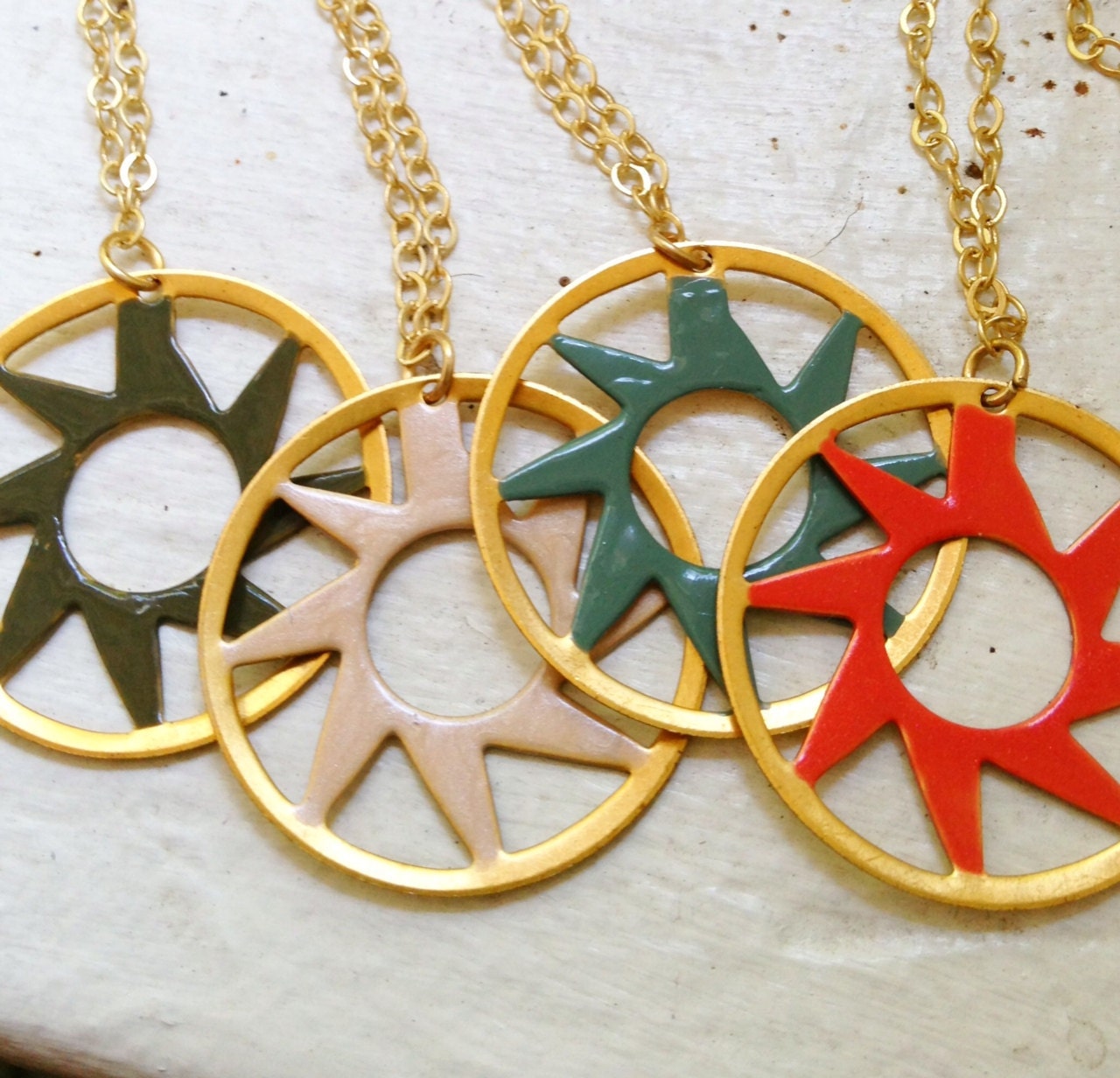 Sun Swirl Handpainted Necklace - Charm Gold Coral Blue Pink Olive Vintage Retro