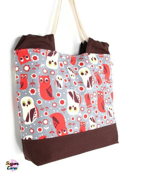 Canvas Tote Bag - What A Hoot Red and Brown