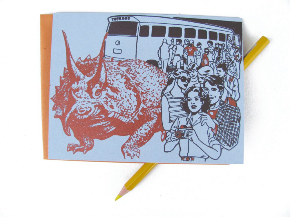 Giant Lizard Tourbus- Gocco screenprinted folded card