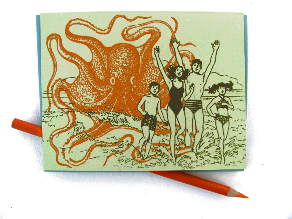 Octopus Beach Party- Print Gocco screenprinted folded card