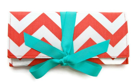 Coral Chevron Stripe Clutch with Tiffany Blue SALE
