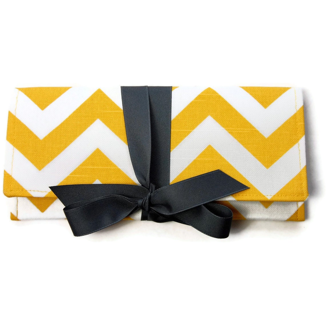 SALE Yellow chevron clutch with dark gray bow. The ALEXIS Clutch.