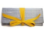 ALEXIS Clutch in Silver Silk with Mustard