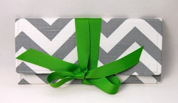 SALE Clutch in gray and white chevron stripe with green bow. The ALEXIS Clutch.