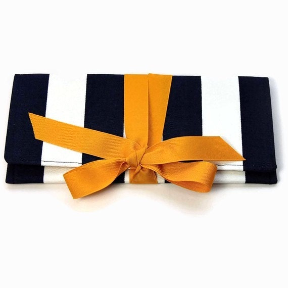 SALE Navy Clutch in canopy stripe with gold bow. The ALEXIS Clutch.