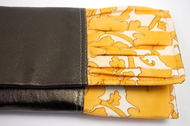 The ALICE Clutch in vintage yellow floral with metallic brown leather