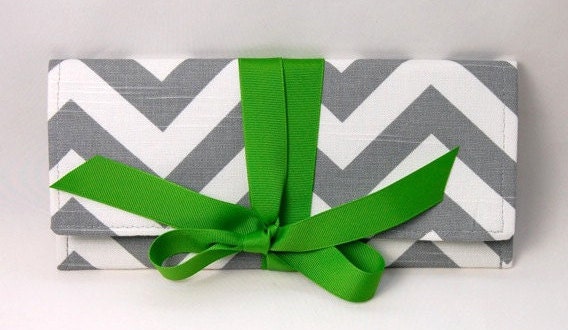 SALE Clutch in gray and white chevron stripe with green bow. The ALEXIS Clutch.