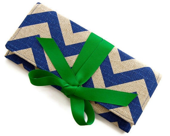 SALE Peacock blue chevron clutch with emerald green bow. The ALEXIS Clutch.
