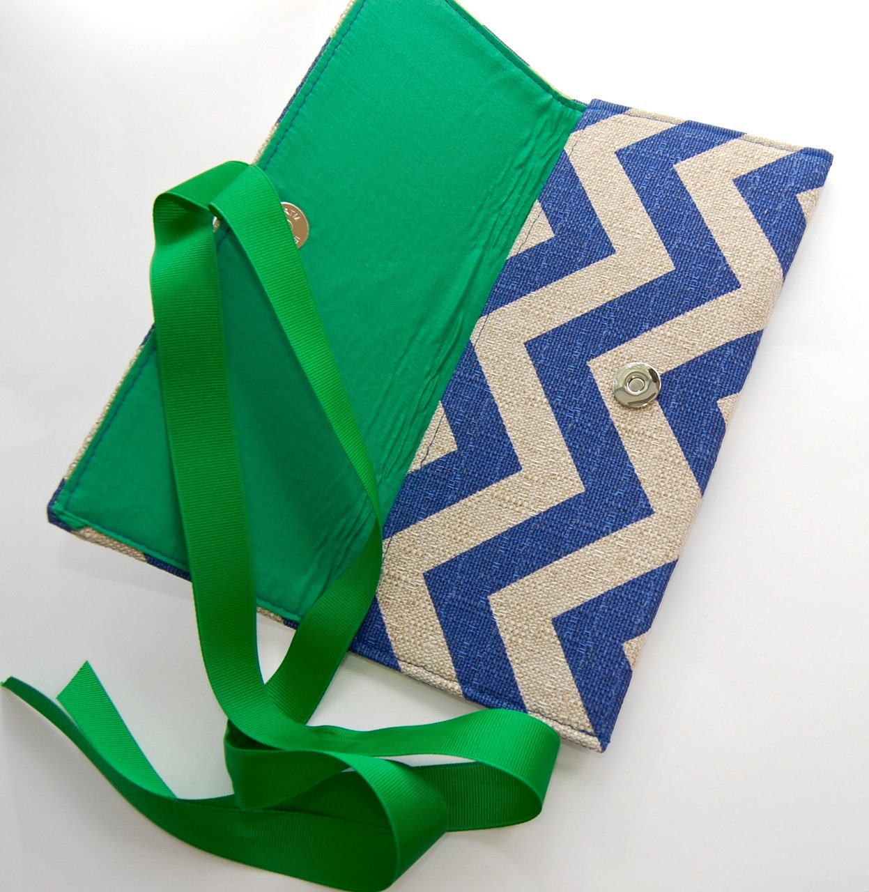 SALE Peacock blue chevron clutch with emerald green bow. The ALEXIS Clutch.