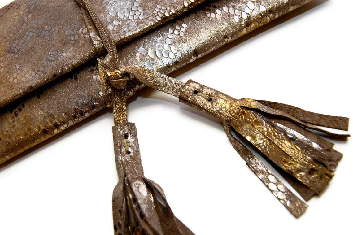 ALEXIS Tassel Clutch in Metallic Gold Bronze Silver Snake Leather. SALE