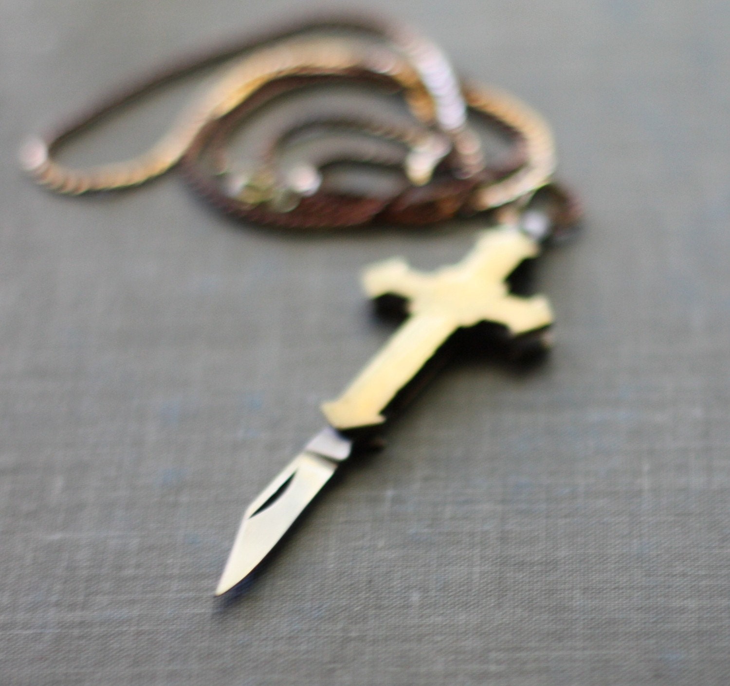 Cross Pocket Knife Necklace Gold Brass Religious Symbol