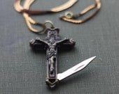 Pocket Knife Necklace Crucifix Cross Brass Religious Symbol
