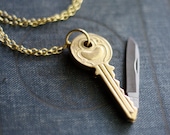 Key Shaped Brass Pocket Knife Necklace