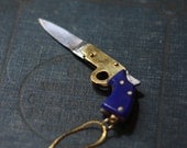 Gun Pocket Knife Necklace Brass Pistol with Blue Bakelite Handle