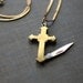 Cross Pocket Knife Necklace Gold Brass Religious Symbol