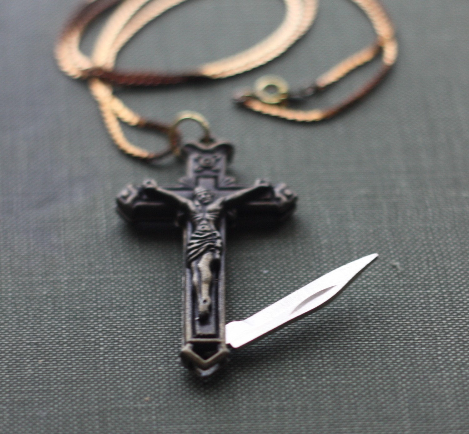 Pocket Knife Necklace Crucifix Cross Brass Religious Symbol