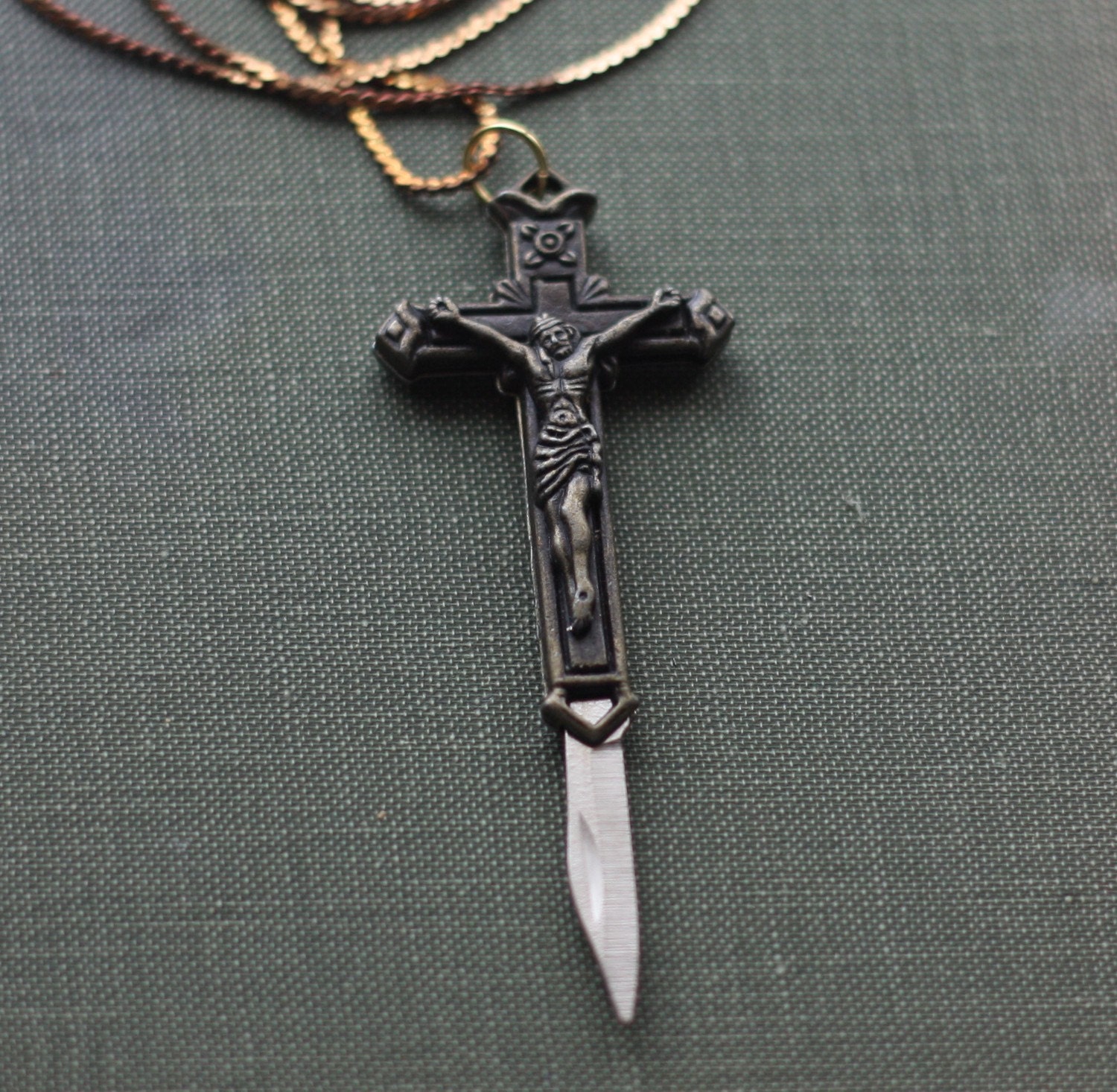 Pocket Knife Necklace Crucifix Cross Brass Religious Symbol