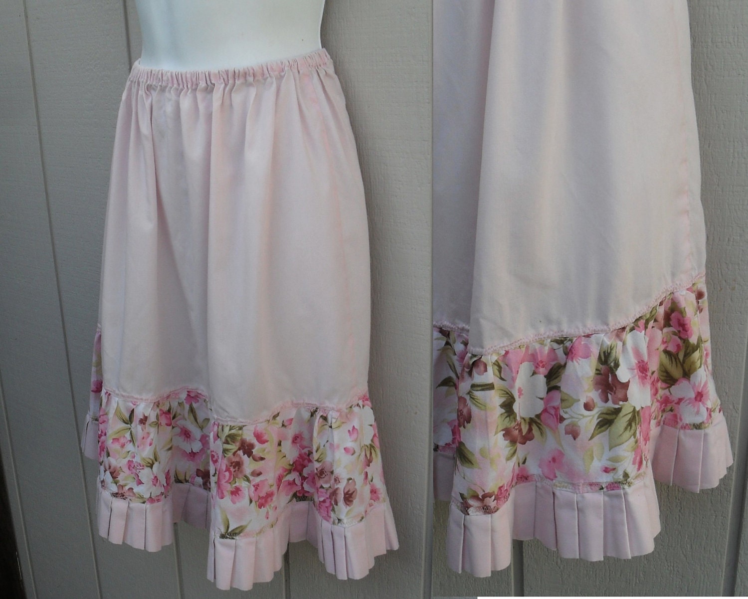 Pink Floral 70s does 50s shabby rose petticoat Skirt with pleat ruffles
