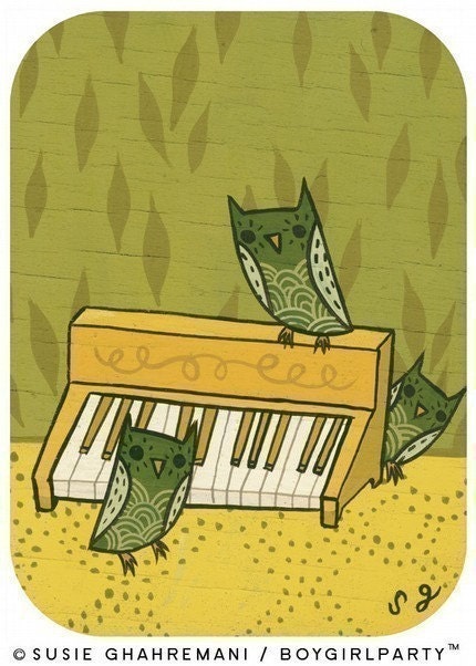 Retro Animal Art Print - Mod Music Owl Wall Art - Olive Green 1970's Style Illustration by boygirlparty