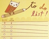 Owl TO DO LIST notepad (yellow) by boygirlparty, cute owl artwork - recycled paper list note pad
