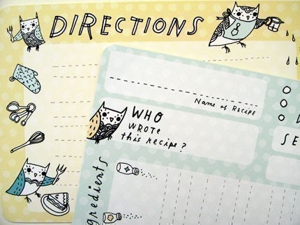 OWL RECIPE CARDS (set of 10) by boygirlparty, unique cute owl illustrations 4x6 - kitchen recipe card