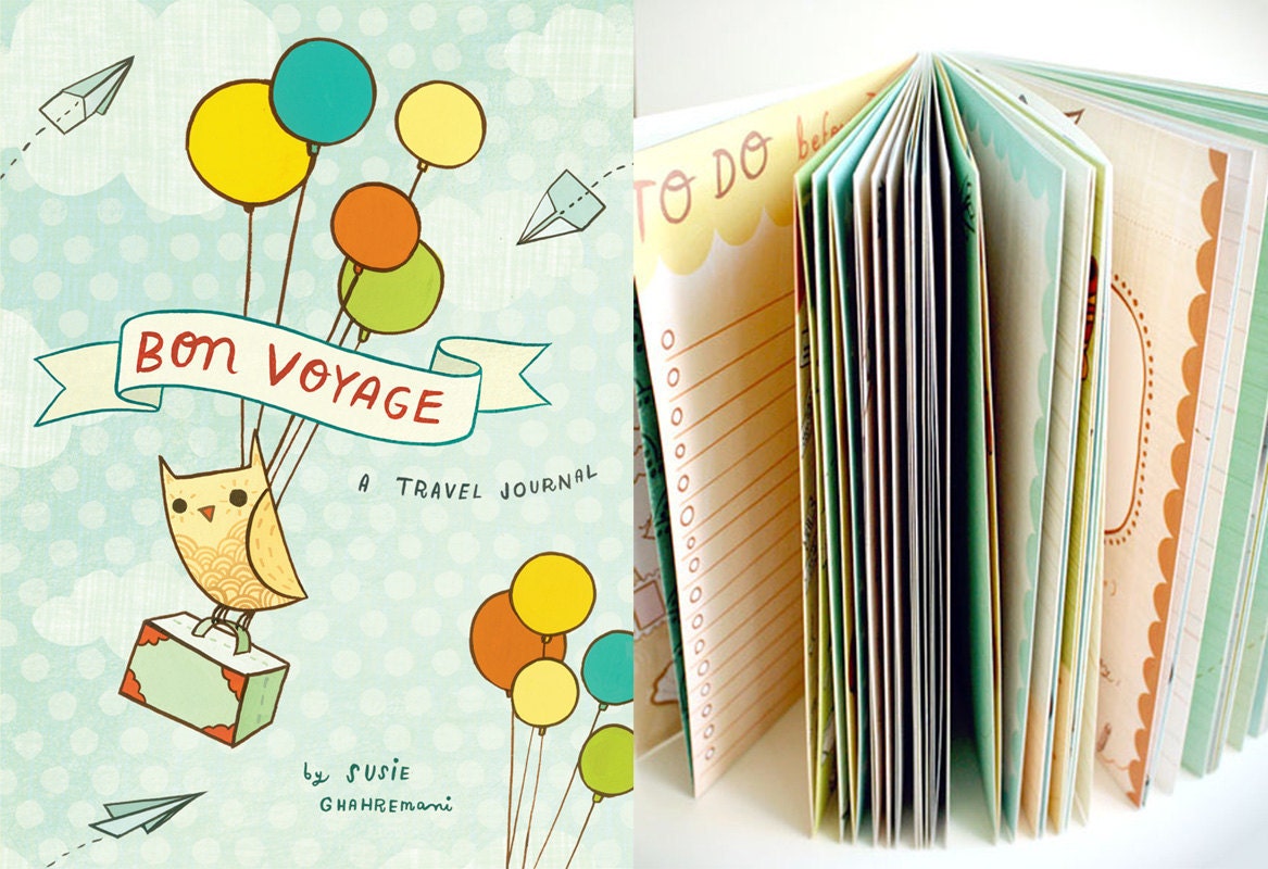 owl TRAVEL JOURNAL - cute travel diary by boygirlparty - Bon Voyage journey vacation trip honeymoon - gift journal