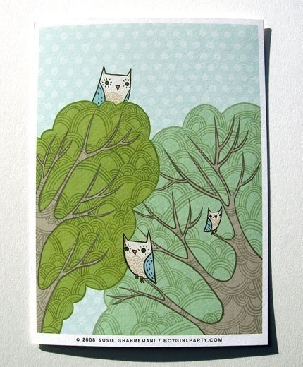 OWLS art print POLKA DOT owl by Susie Ghahremani, tree treetop owl artwork - baby nursery art